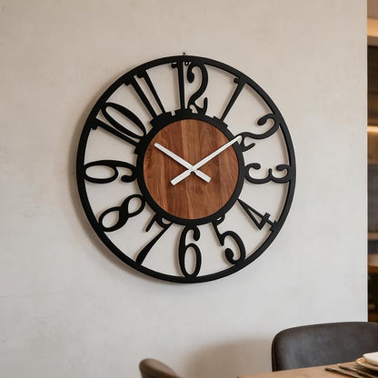 40 Inch Giant Oversized Industrial Wood Wall Clock with Iron Frame & Artful Cutout Numerals, Silent Battery Operated, Grand Statement Piece for Farmhouse Foyers Offices Commercial Home Décor