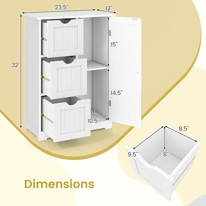 Tangkula Bathroom Floor Cabinet, Freestanding Storage Cabinet with 3 Drawers & Single Door, Adjustable Shelf, Multipurpose Bathroom Storage for Home Office, 23.5 x 12 x 32 Inches (3 Drawers, White)