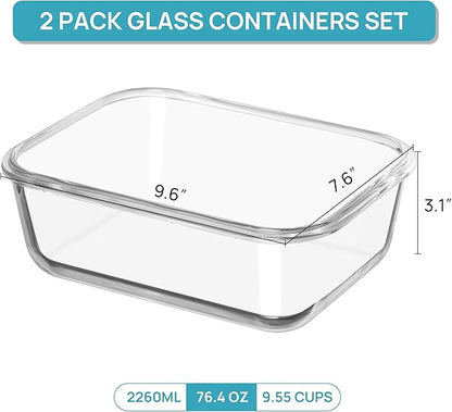 Vtopmart 2Pack 2260ml/ 76.4oz Large Glass Storage Containers with Lids, Meal Prep Food Container Set with Snap Airtight Lid for Baking, Microwave, Oven, Leak Proof, for Freezer, Dishwasher, Pink