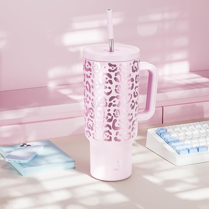 Meoky 40 oz Tumbler with Handle and Straw, Tumbler with Lid and Straw, Insulated Stainless Steel Travel Mug, 100% Leak-proof, Keeps Cold for 34 Hours or Hot for 10 Hours (Pink Leopard)