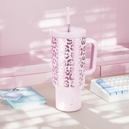 Meoky 40 oz Tumbler with Handle and Straw, Tumbler with Lid and Straw, Insulated Stainless Steel Travel Mug, 100% Leak-proof, Keeps Cold for 34 Hours or Hot for 10 Hours (Pink Leopard)