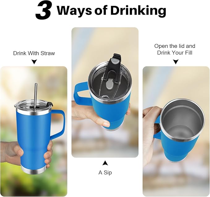 20 oz Tumbler with Handle, Stainless Steel Insulated Tumbler with Lid and Straw, Double Wall Vacuum Coffee Mug Tumbler, Insulated Coffee Thermal Cup for Cold and Hot (Sea Blue)