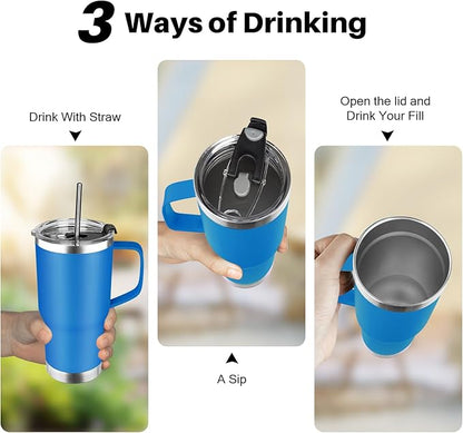 20 oz Tumbler with Handle, Stainless Steel Insulated Tumbler with Lid and Straw, Double Wall Vacuum Coffee Mug Tumbler, Insulated Coffee Thermal Cup for Cold and Hot (Sea Blue)