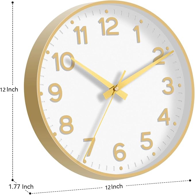 Roymnie Wall Clock 12 Inch Silent Wall Clocks Battery Operated-Modern Non Ticking Analog Clock Decorative for Kitchen Bedroom Office (White Gold)