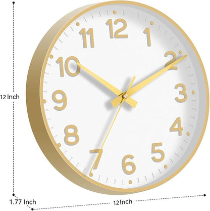 Roymnie Wall Clock 12 Inch Silent Wall Clocks Battery Operated-Modern Non Ticking Analog Clock Decorative for Kitchen Bedroom Office (White Gold)