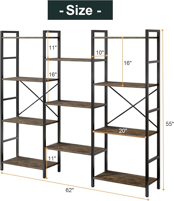 GRUSIGN Triple 4 Tier Book Shelf, Modern Bookcase Shelf, Freestanding Large Display Shelves for Living Room/Office/Garage, Stable Large Bookshelf with Storage for Books/Lego/Plants, Rustic Brown