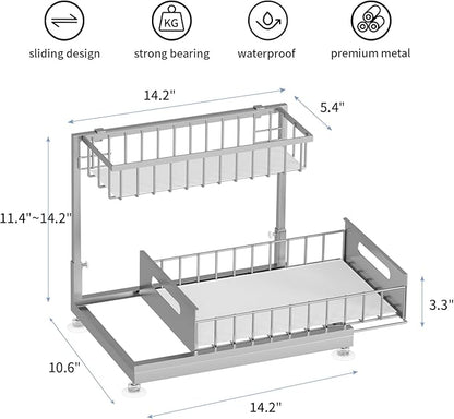 Under Sink Organizer Storage 2-Tier Premium Metal Pull-Out Kitchen Cabinet Organizer with Sliding Drawer, Height Adjustable, Heavy Duty for Kitchen & Bathroom Organizers 1 Pack Grey