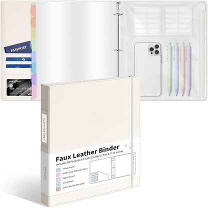 Ospelelf Leather Binder with 58 Plastic Sleeves, 3 Ring Presentation Binder for 8.5x11, Portfolio Organizer with 8 Tabbed Sleeves & Zipper Pocket for Documeents, Artwork, Certificates Beige