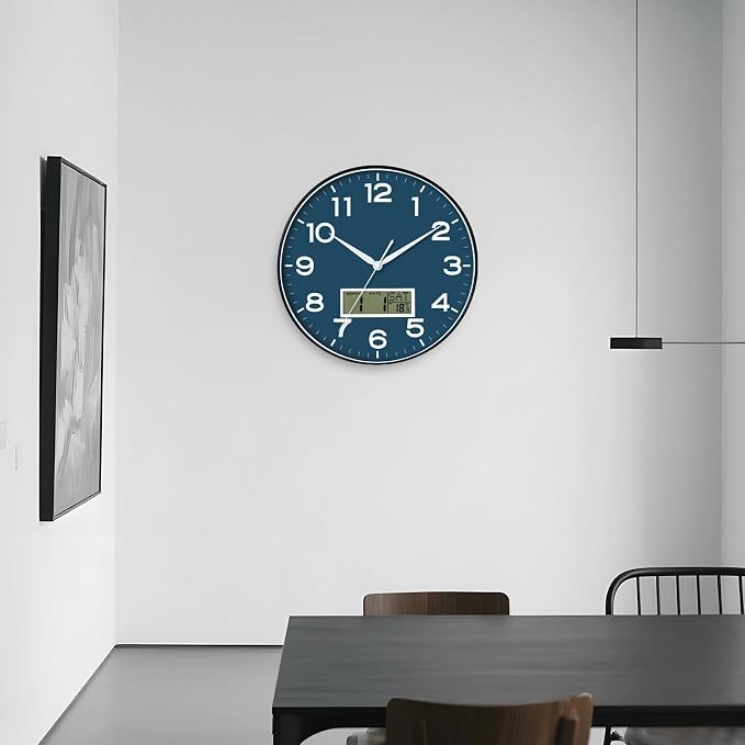 AKCISOT Wall Clock 12 Inch, Non-Ticking Silent Battery Operated Analog with LCD Display for Perpetual Calendar and Temperature, Ideal Modern Decor for Home, Bedroom, Kitchen, Office (Blue)