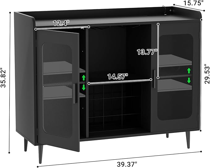 Liquor Cabinet Bar with Power Outlet and LED Light, Wine Bar Cabinet with Wine and Glasses Rack, Home Coffee Bar Cabinet, Buffet Sideboard with Storage Shelf for Kitchen, Dining Room, Black