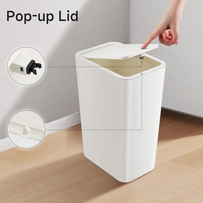 TIPGO Bathroom Trash Can with Lid, 4 Gallon / 15 Liter Small Garbage Can, Press Top Bin, Plastic Wastebasket with Pop-Up Lid for Bedroom, Living Room, Office (White)