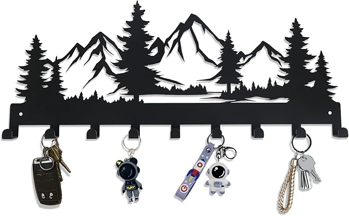 Metal Key Holder, Wall Mounted Key Hooks, Key Holder for Wall, Key Organizer Rack with 9 Hooks, Key Hanger Decor for Kitchen, Entryway, Hallway, Bedroom, Doorway (Mountain 14IN)