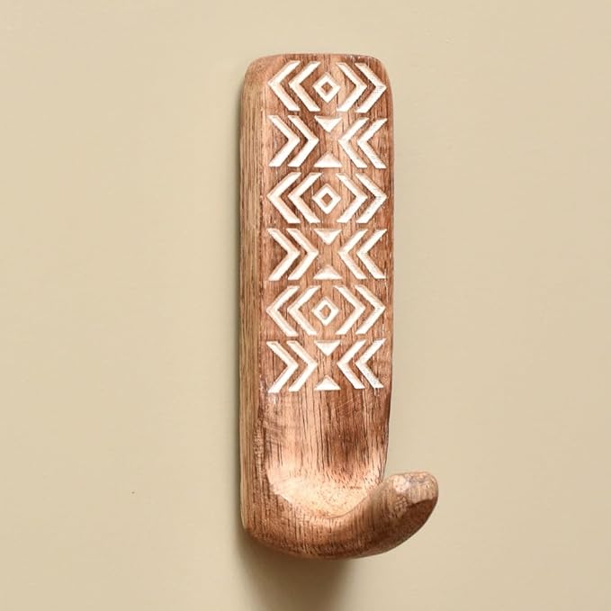 Indian Shelf Boho Decorative Wood Adhesive Wall Hooks for Hanging Coats, Keys, Leash, Hat, Towel Holder, Cute Sticky Key Holder, White & Brown Western Wall Décor (6 Hooks 12 Strips)