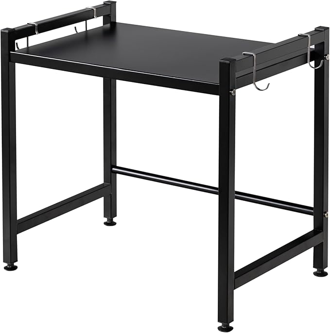 Storage Shelving Unit,2 Tier Microwave Stand with 4 Hooks for Kitchen Garage Pantry Closet Laundry Countertop Organizer (Black),Shelving Unit Bookshelf Utility Shelf,Metal Shelves for Storage.