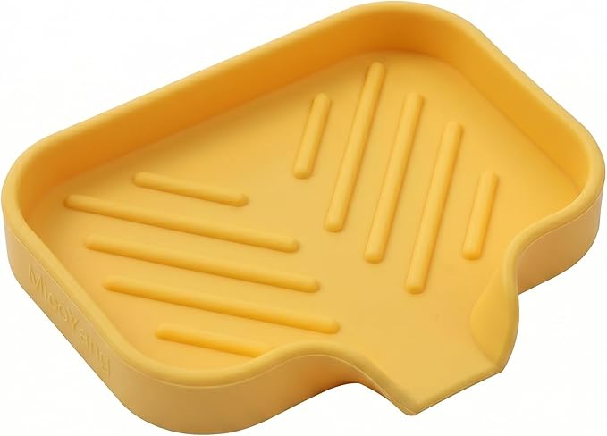 MicoYang Silicone Soap Dish with Drain Spout, Self-Draining Sink Organizer Tray for Bathroom and Kitchen, Sponges, Dispensers and Soap Holder, Non-Slip & Dishwasher Safe, Yellow (Compact, 4.9"×3.2")