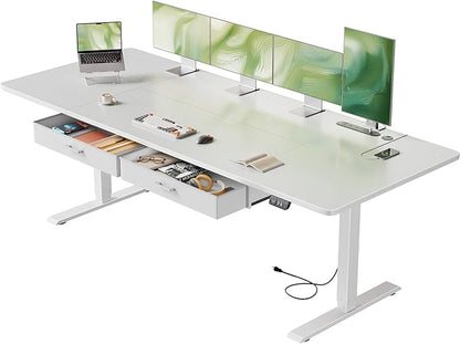 HLDIRECT Electric Standing Desk, Extra Large 79 x 31.5 Inches Height Adjustable Table with Outlets, Sit Stand Computer Desk with Drawers for Home Office, Ergonomic Rising Workstation, White