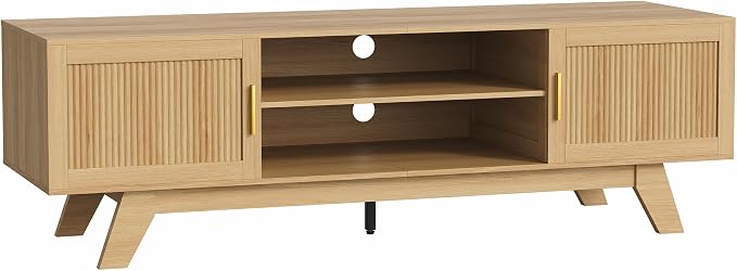 ChooChoo 59.5" Fluted TV Stands for 65 Inch TV, Mid Century Modern Entertainment Center with Storage and Adjustable Shelf, Long TV Console Media Table for Living Room, Bedroom, Natural Oak