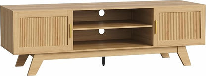 ChooChoo 59.5" Fluted TV Stands for 65 Inch TV, Mid Century Modern Entertainment Center with Storage and Adjustable Shelf, Long TV Console Media Table for Living Room, Bedroom, Natural Oak