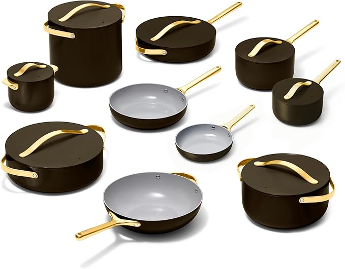 Caraway 24-Piece Nonstick Ceramic Cookware Set - Includes Fry Pans, Sauce, Sauté Pan, Dutch Oven, Petite Cooker, Stir Fry, Rondeau, Stock Pot, Lids & Storage Organizers - Black