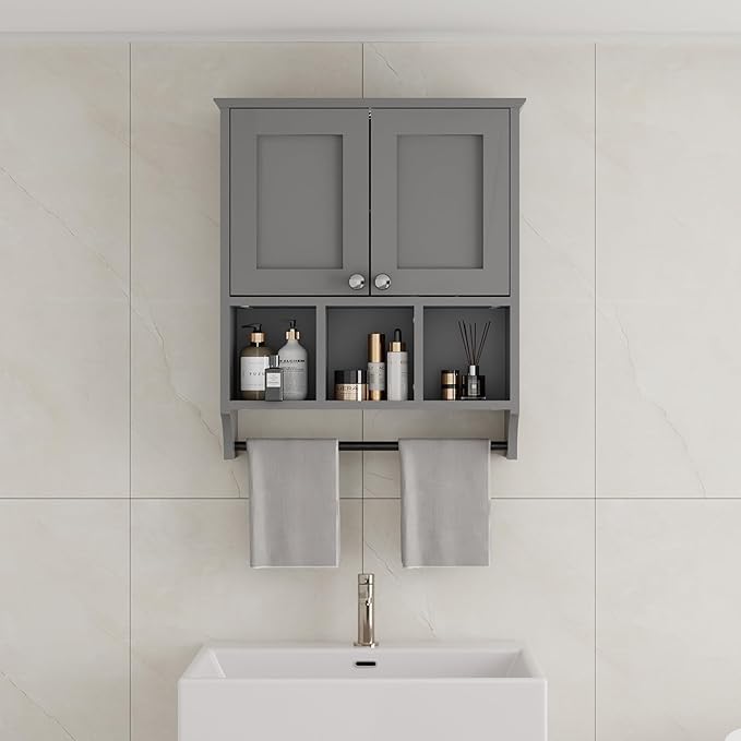 Over-The-Toilet Bathroom Storage Cabinet with Towel Bar, Space-Saving Wall Mounted Medicine Cabinet, 2 Doors & 1 Adjustable Shelf, Easy Install Grey Finish for Bathroom, Kitchen, Living Room