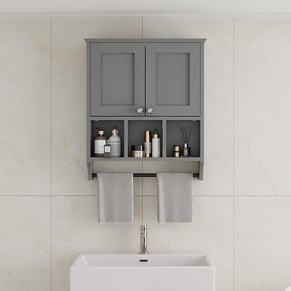 Over-The-Toilet Bathroom Storage Cabinet with Towel Bar, Space-Saving Wall Mounted Medicine Cabinet, 2 Doors & 1 Adjustable Shelf, Easy Install Grey Finish for Bathroom, Kitchen, Living Room
