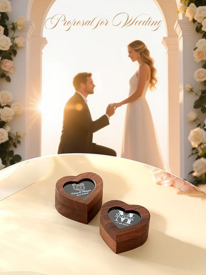 Custom4U Personalized Wedding Ring Box for Proposal Double Slots Rustic Wooden Ring Case Custom Name Jewelry Box for Engagement