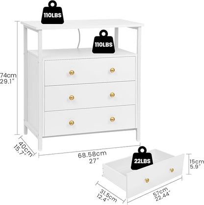 3 Wooden Drawers Night Stand, 27 Inch Wide Nightstand with Charging Station and Adjustable Drawers, Small Dresser for Closet, Bedside Table for Living Room/Bedroom/Office, White.