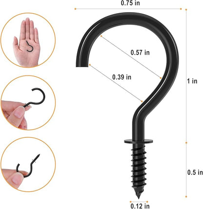 RELBRO Screw Hooks, 1 Inch Metal Screw in Cup Hooks, Black, 100 Pcs