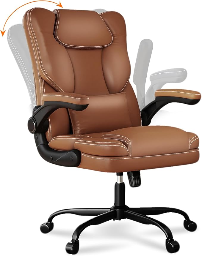 Ergonomic Office Chair with Flip-up Armrests 300lbs,Middle- Tall Computer Office Desk Chair with Lumbar Support,Executive PU Leather Chair with Rocking Function Adjustable Height for Home Office