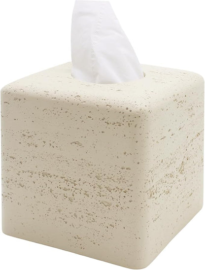 Travertine Tissue Box Cover Square Decorative Stone Klenex Box Holder for Bathroom & Living Room with Handcrafted Texture (Light Beige)