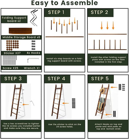 Decorative Wooden Blanket Ladder with Removable Hooks for The Living Room & Bedroom, Pine Wood, Easy Assembly 6-Tier Wall Leaning Rack Stand 68 inch for Displaying Blankets & Scarves, Brown