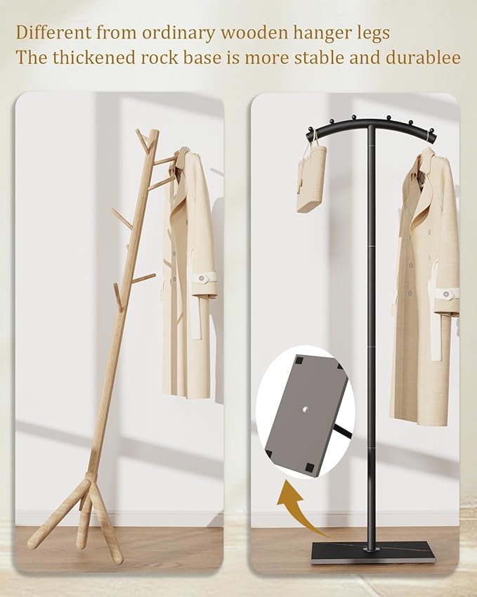 Arcuate Garment Rack, T-shaped Coat Tree Freestanding, Metal Clothes Racks, Natural Stable Rock Base, Suitable For Outerwear, Clothes, Handbags, 68.9in, Black
