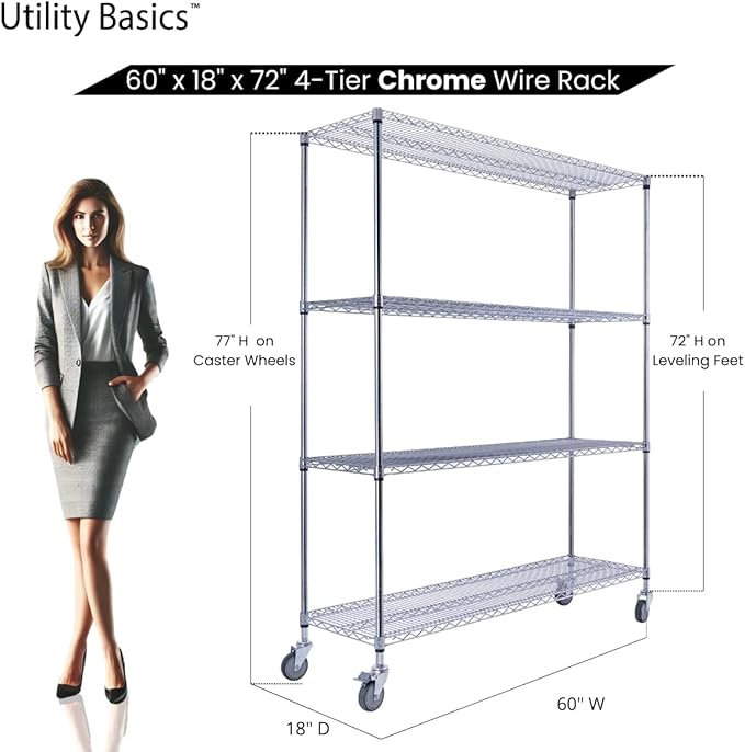 Utility Basics NSF Commercial 4-Tier Wire Shelving with Wheels, 60"x18"x72" Heavy Duty Metal Shelves 3200 lbs Max Capacity, Chrome Storage Rack for Garage Kitchen Pantry Warehouse