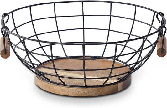 QYZFXXSF Fruit Basket Bowl for Kitchen Counter - Metal Basket with Acacia Wood Base，Fruit and Vegetable Storage Basket