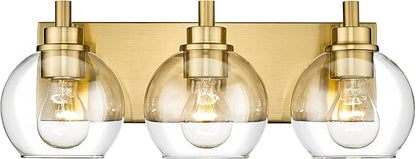 Bathroom Light Fixtures, 3-Light Brushed Gold Vanity Light, Modern Wall Sconces with Clear Glass Globe Shade, Bathroom Wall Lights for Mirror Kitchen Bedroom Hallway Living Room, VL195-GD-3