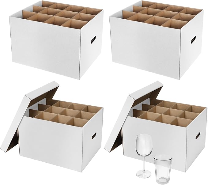 4 Pack Wine Glass Moving Boxes Kitchen Moving Boxes with Handle Kitchen Kit with Lid for Dish Glassware(White,15 x 12 x 10 Inches)