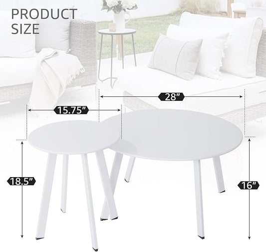 Patio Outdoor Coffee Table Set of 2 - Weather Resistant Outdoor Round End Table Modern Coffee Tables for Living Room Balcony Home Office (White)