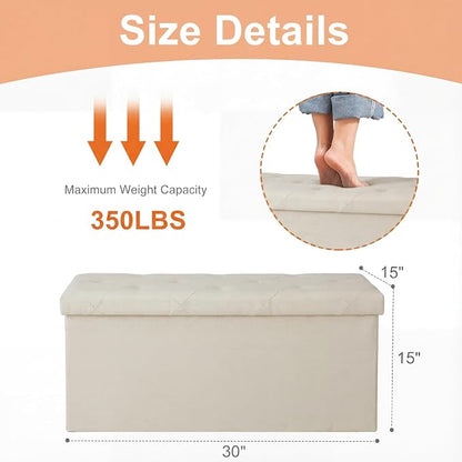 Sweetcrispy 30 Inch Folding Storage Ottoman Bench, Large Hidden Storage Chest with Padded Seat, Foot Rest Stool Supports Up to 660Lbs, End of Bed Bench for Bedroom, Living Room, Linen Fabric, Beige
