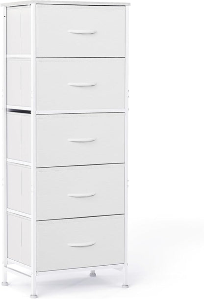 Sweetcrispy 5 Drawer Dresser with Fabric Bins Steel Frame Wood top Storage Chest for Bedroom Closet Hallway White Compact Organizer Durable Home Storage Solution