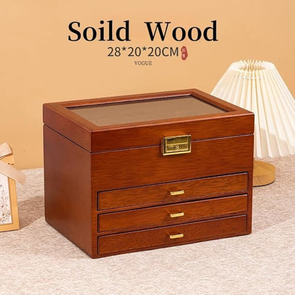 4-Layer Black Walnut Wooden Jewelry Box with Glass Lid, Soild Wood,Jewelry Organizer for Versatile Necklace, Watch, Ring Earring Storage for Women Christmas Gift