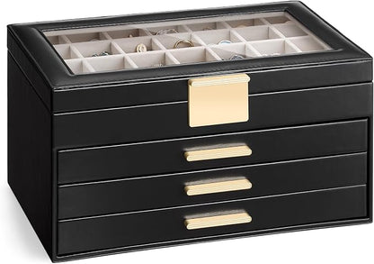 Lolalet Earring Storage Box Case with Glass Top, Large Earring Jewelry Holder Organizer Display with Drawer and Grid, Mothers Day Gifts -4 Tiers, Black