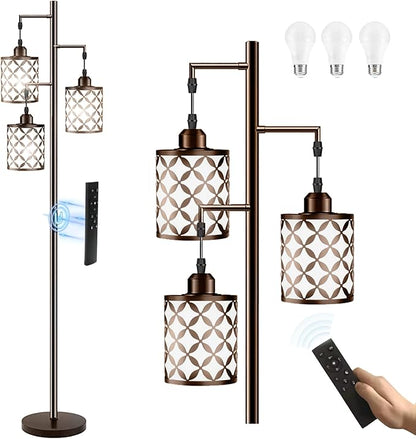 New Upgraded 72" Tall Dimmable Floor Lamp, 3 x 800LM 9W LED Bulbs Included, Farmhouse Standing Lamp with Remote Control, Industrial Tree Pole Floor Lamps for Living Room, Bedroom, Study Room - Brown
