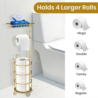 Gold Toilet Paper Holder Stand with Shelf, Freestanding Tissue Roll Holder, Holds 4 Mega Rolls and Extra Storage for Phone, Wipes