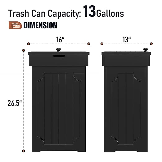 Function Home Trash Can Cabinet, 13 Gallon Kitchen Garbage Can, Wood Recycling Trash Bin, Freestanding Dog Proof Trash Can, Farmhouse Trash Cabinet with Lid for Home Kitchen Bathroom, Black