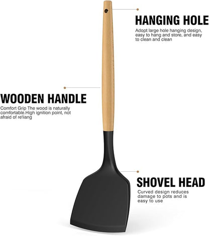 oannao Silicone Cooking Utensils Set Utensil Sets - 446°F Heat Resistant Silicone Kitchen Utensils Set Wooden Handles, Silicone Utensils for Cooking w Holder for Non-Stick Cookware BPA FREE (Black)