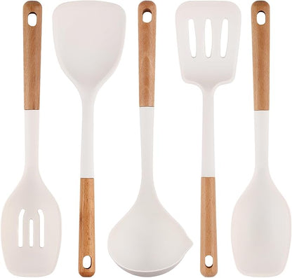 IOCBYHZ Silicone Cooking Utensils Set 5 Pcs Large Non-Stick Kitchen Utensils Set, Wooden Handle Heat Resistance Turner Soup Ladle Spoon Silicone Cooking Kitchen Gadgets BPA Free for Nonstick Cookware