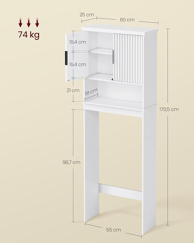 VASAGLE MAXE Collection - Over The Toilet Storage Cabinet, 23.6-Inch Wide Mid Century Modern Bathroom Organizer with Fluted Doors, Adjustable Shelf, Space-Saving, Cloud White UBTS028WB01S