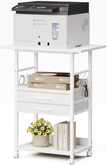 VENNQD Large Printer Stand with Storage Fabric Drawer Under Desk Printer Table with Wheels for Home Office, Printer Cart fit Fax Machine Scanner (White, 3 Tiers)