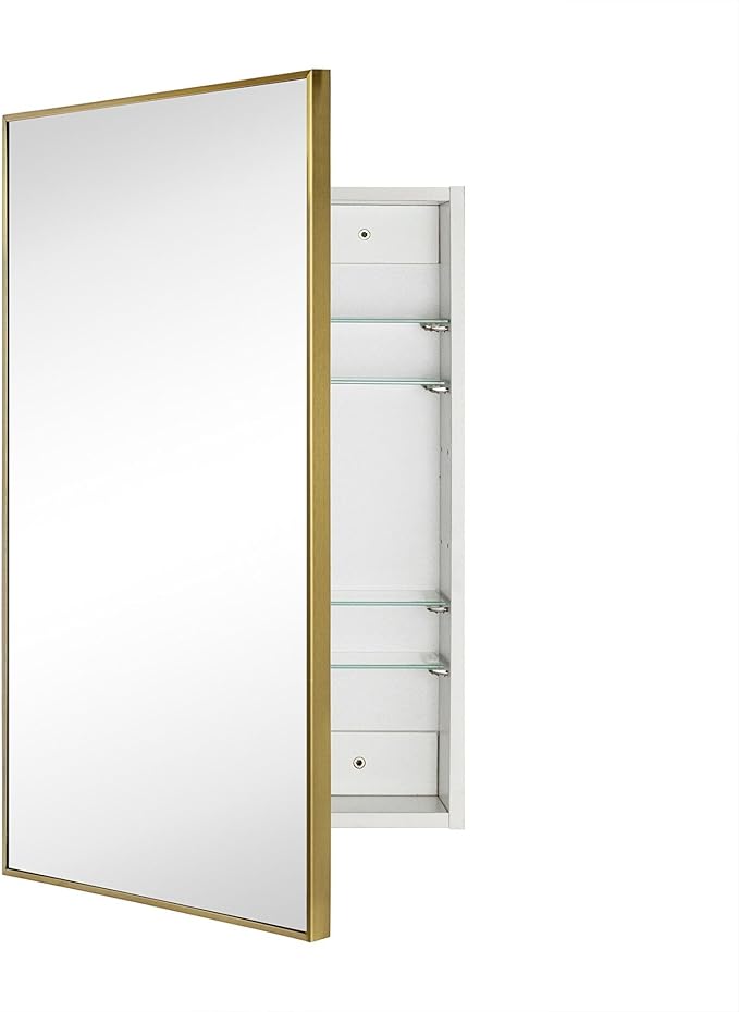 TEHOME 20'' x 30'' Brushed Gold Recessed and Surface Mount Bathroom Medicine Cabinet with Mirror Brushed Gold Square Cornered Metal Framed Rounded Rectangle Medicine Cabinet Mirror