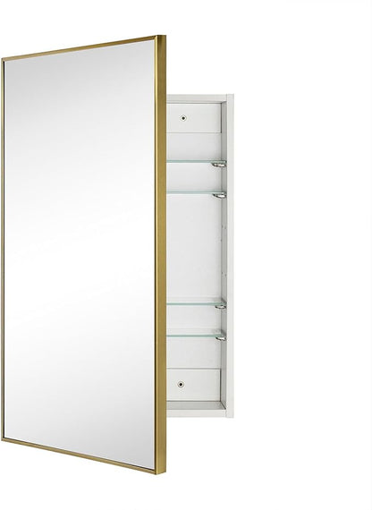 TEHOME 20'' x 30'' Brushed Gold Recessed and Surface Mount Bathroom Medicine Cabinet with Mirror Brushed Gold Square Cornered Metal Framed Rounded Rectangle Medicine Cabinet Mirror
